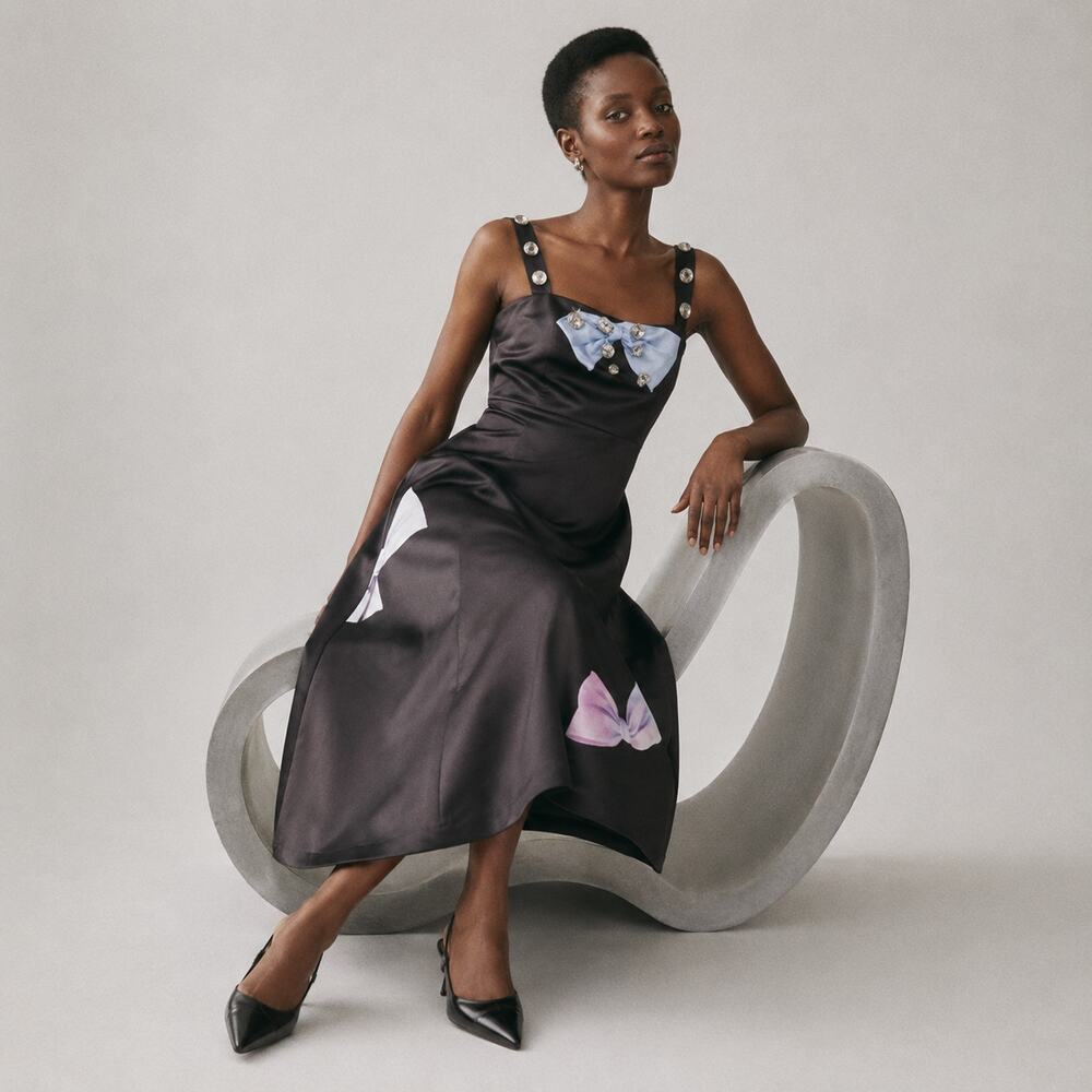 Cynthia Rowley Tie One On Dress Womens 10 Satin Bow Gem Sleeveless Midi